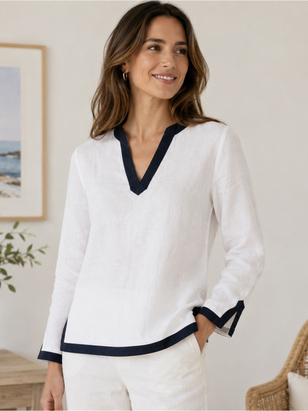 Lands' End White Linen V-Neck Blouse with Navy Trim